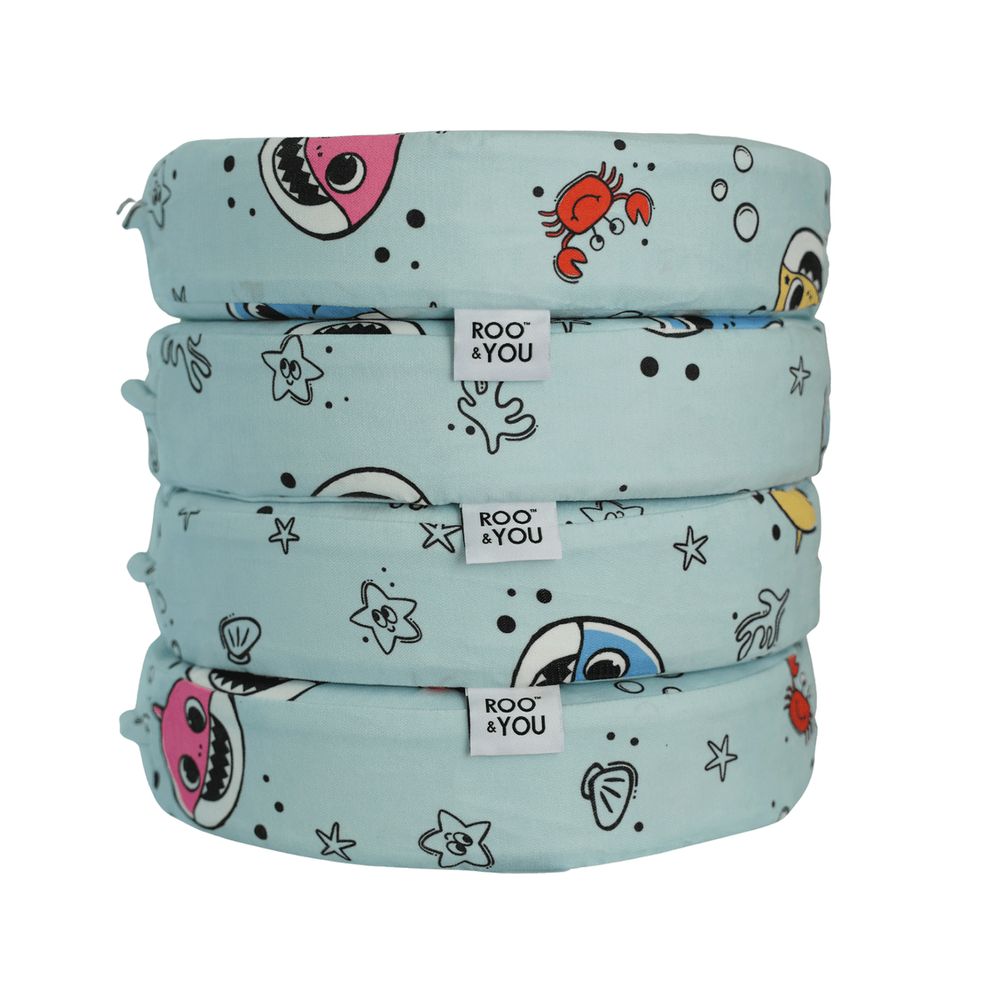 Stack of Baby Shark™ x Roo & You™ Stepping Stones in light blue ocean-themed print.