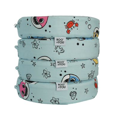 Stack of Baby Shark™ x Roo & You™ Stepping Stones in light blue ocean-themed print.